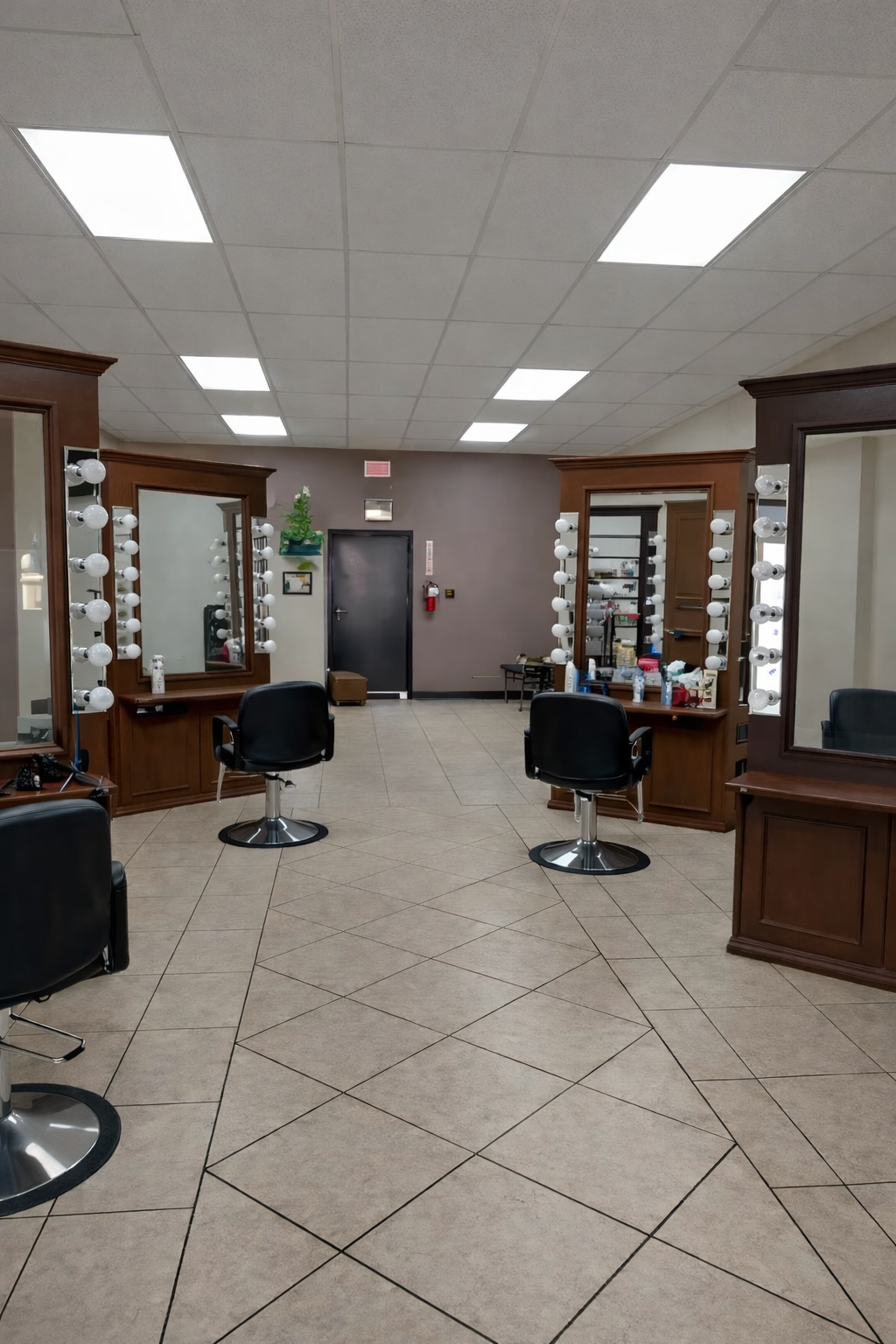 Styling stations and mirrors inside the Alamo salon
